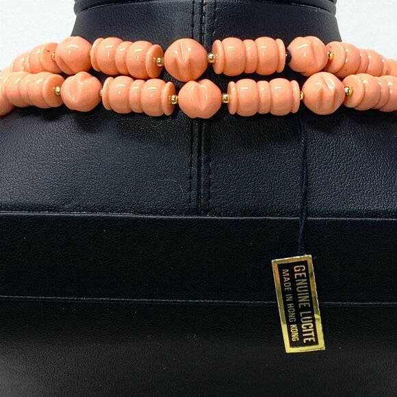 Vintage Genuine Lucite Double-Strand Necklace Coral Peach Beads Hong Kong 24"L - Picture 5 of 6